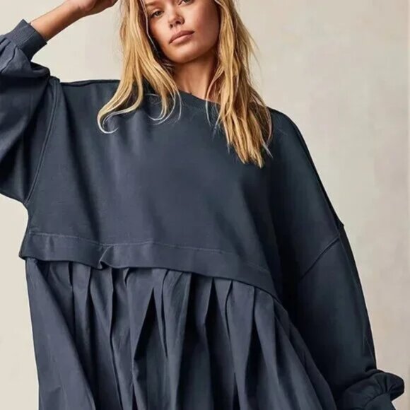 Long Sleeve Pleated Hem Sweater Dress Muted Navy Blue - Picture 1 of 5